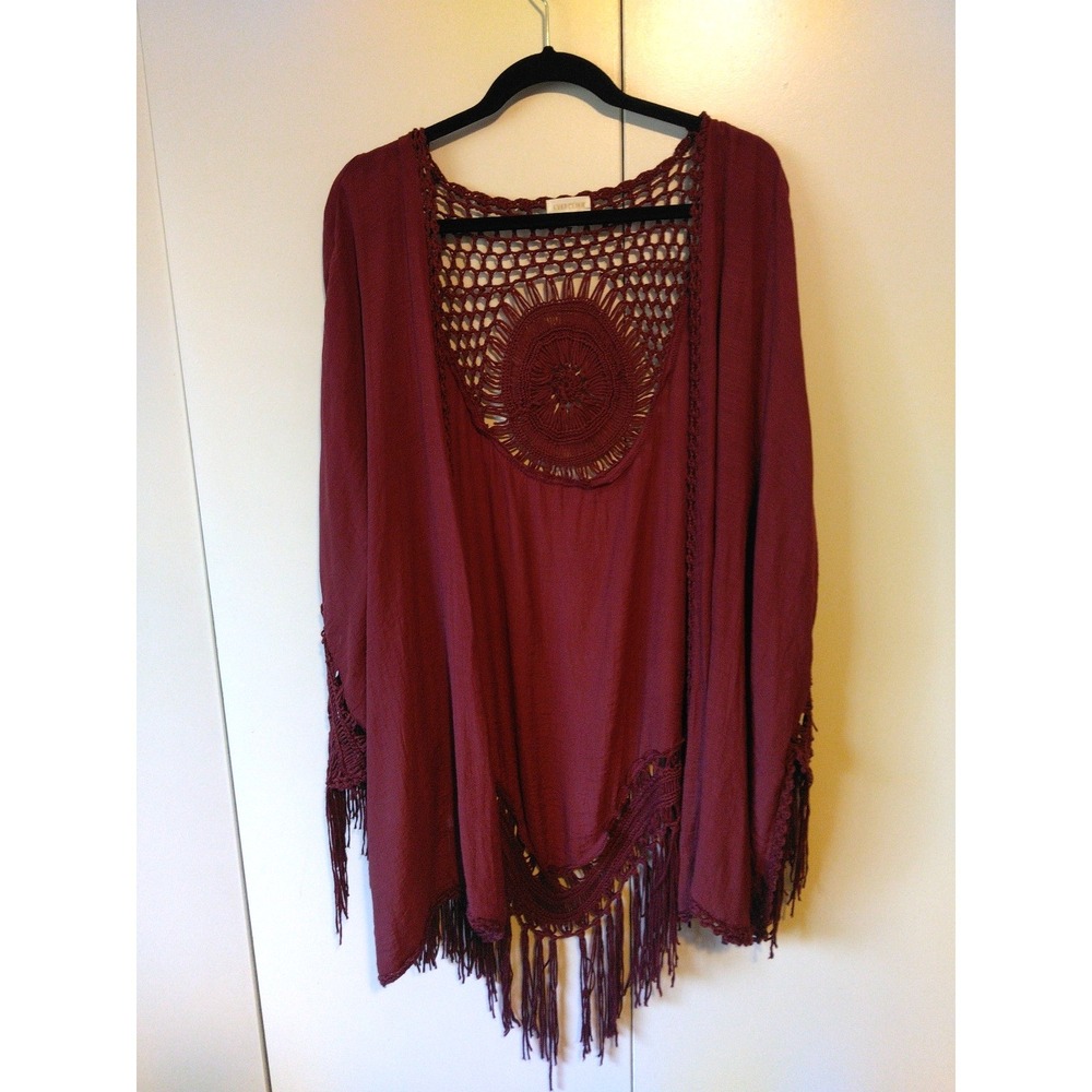 Women's Fringed Crochet Details Boho Open Front Duster Size 1x/2x Flowy Elegant